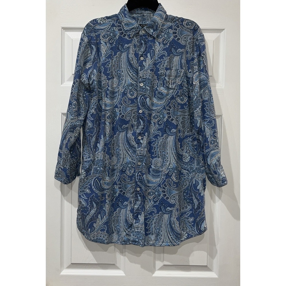 Lauren Ralph Lauren Women's M Blue White Paisley Cotton Button Up Sleepwear Cozy